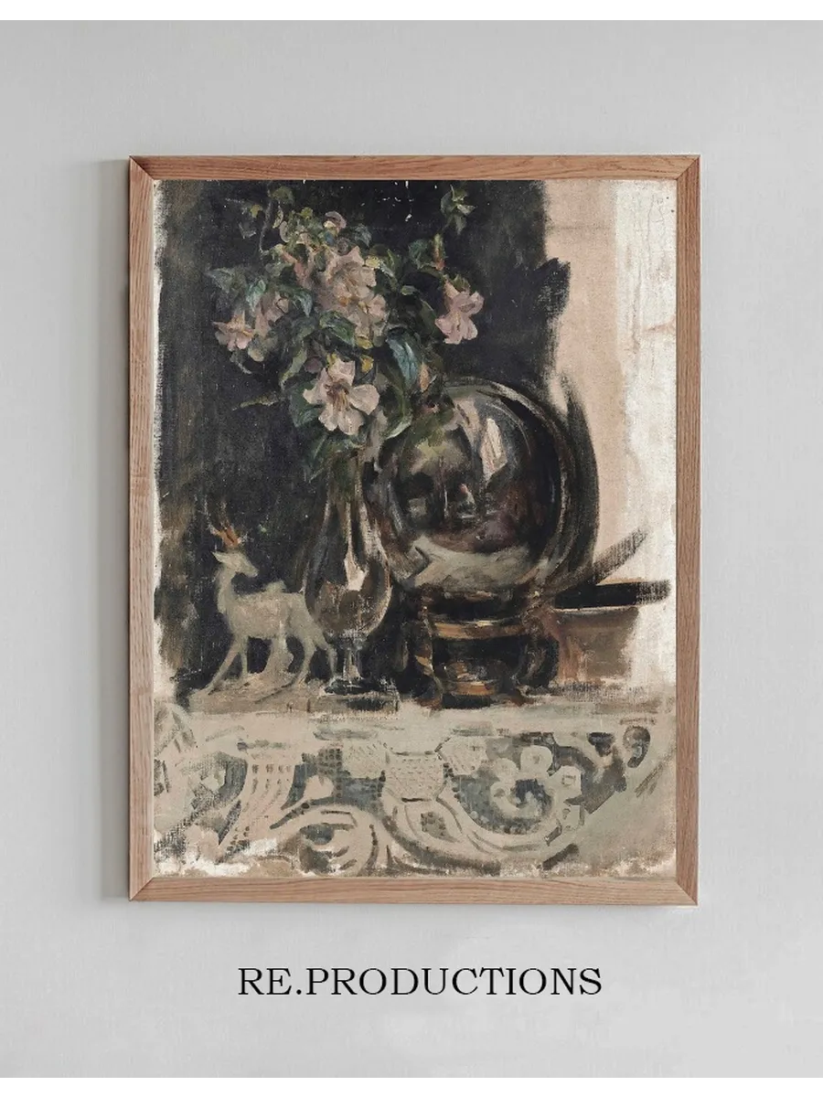 Still Life of Flowers, a Statue and a Globe on a Mantelpiece