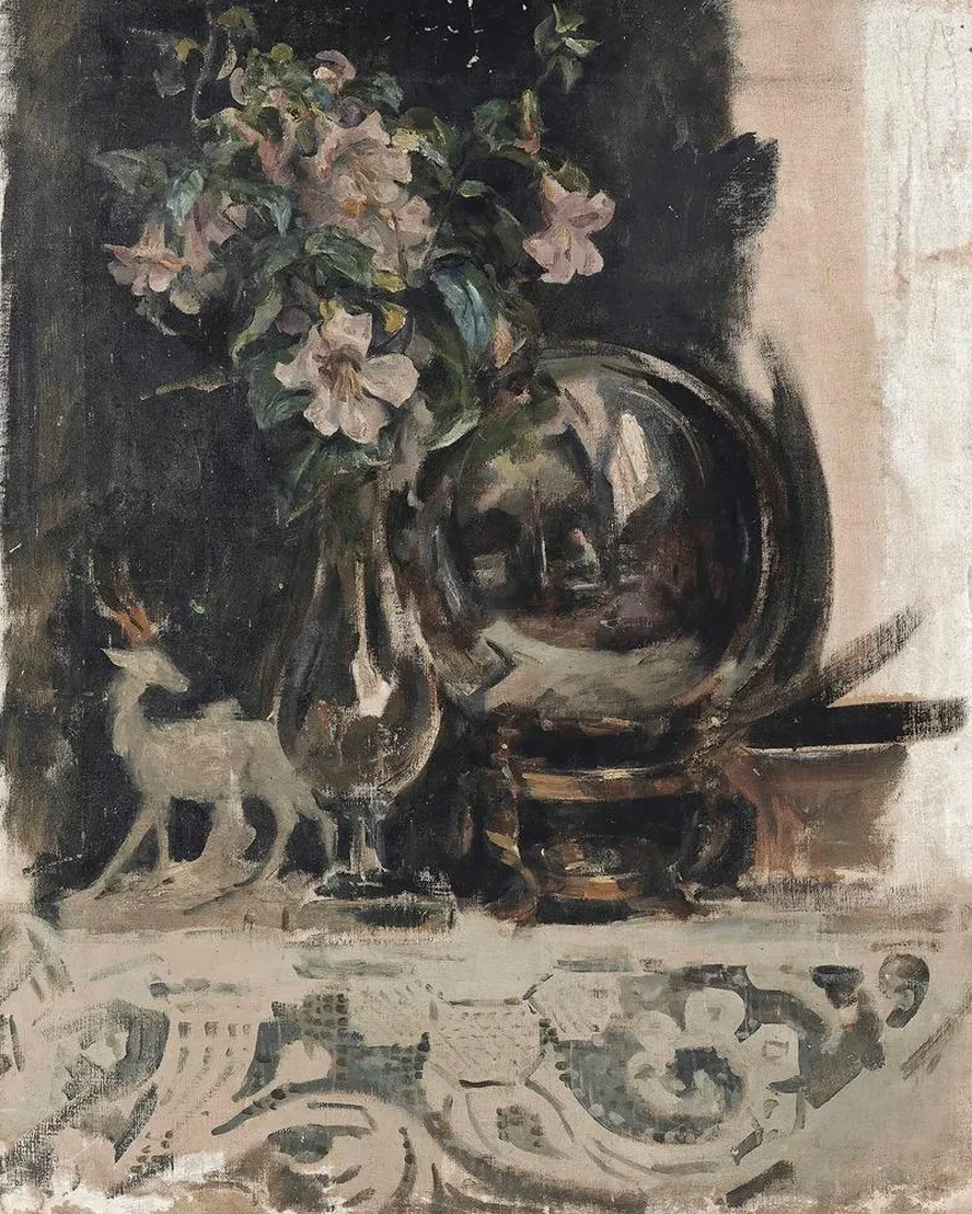 Still Life of Flowers, a Statue and a Globe on a Mantelpiece