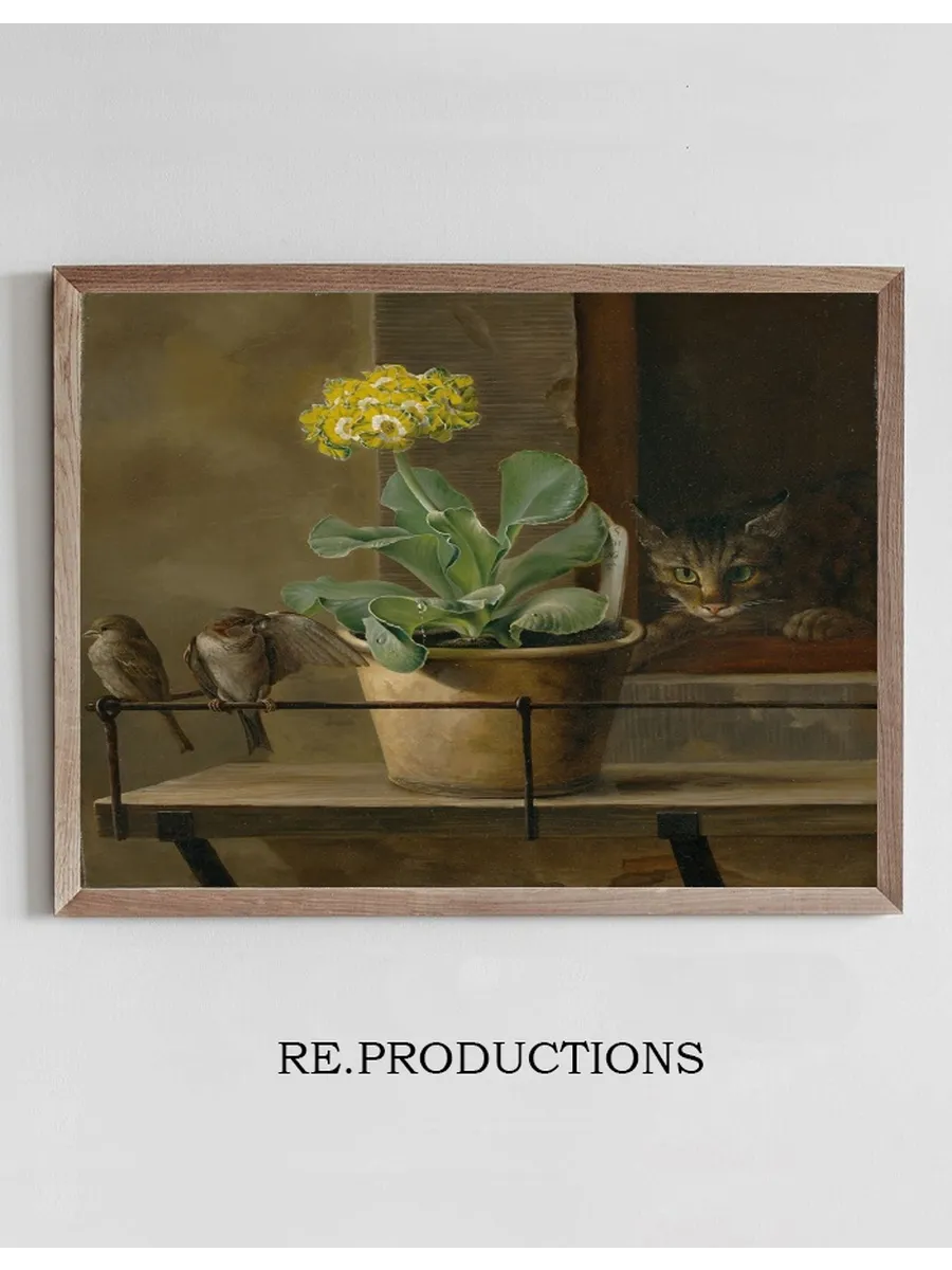 Still Life with a Primrose in a Flowerpot, a Cat and Two Sparrows