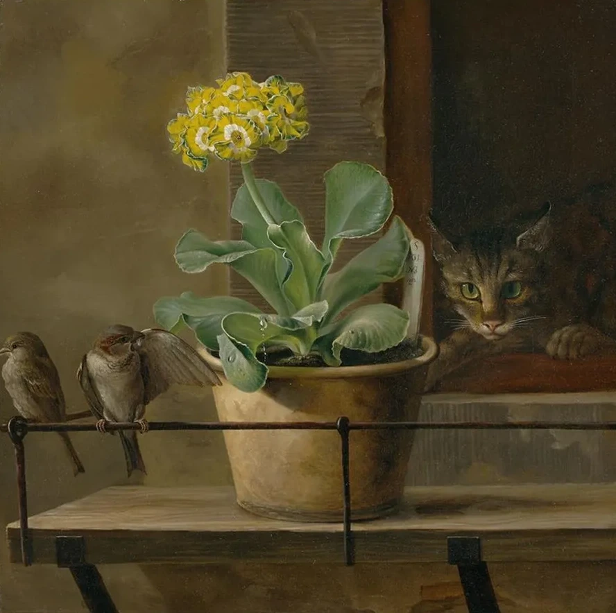 Still Life with a Primrose in a Flowerpot, a Cat and Two Sparrows