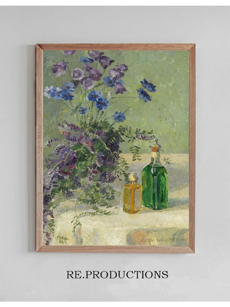 Still Life with Blue Flowers and Two Bottles on a Table