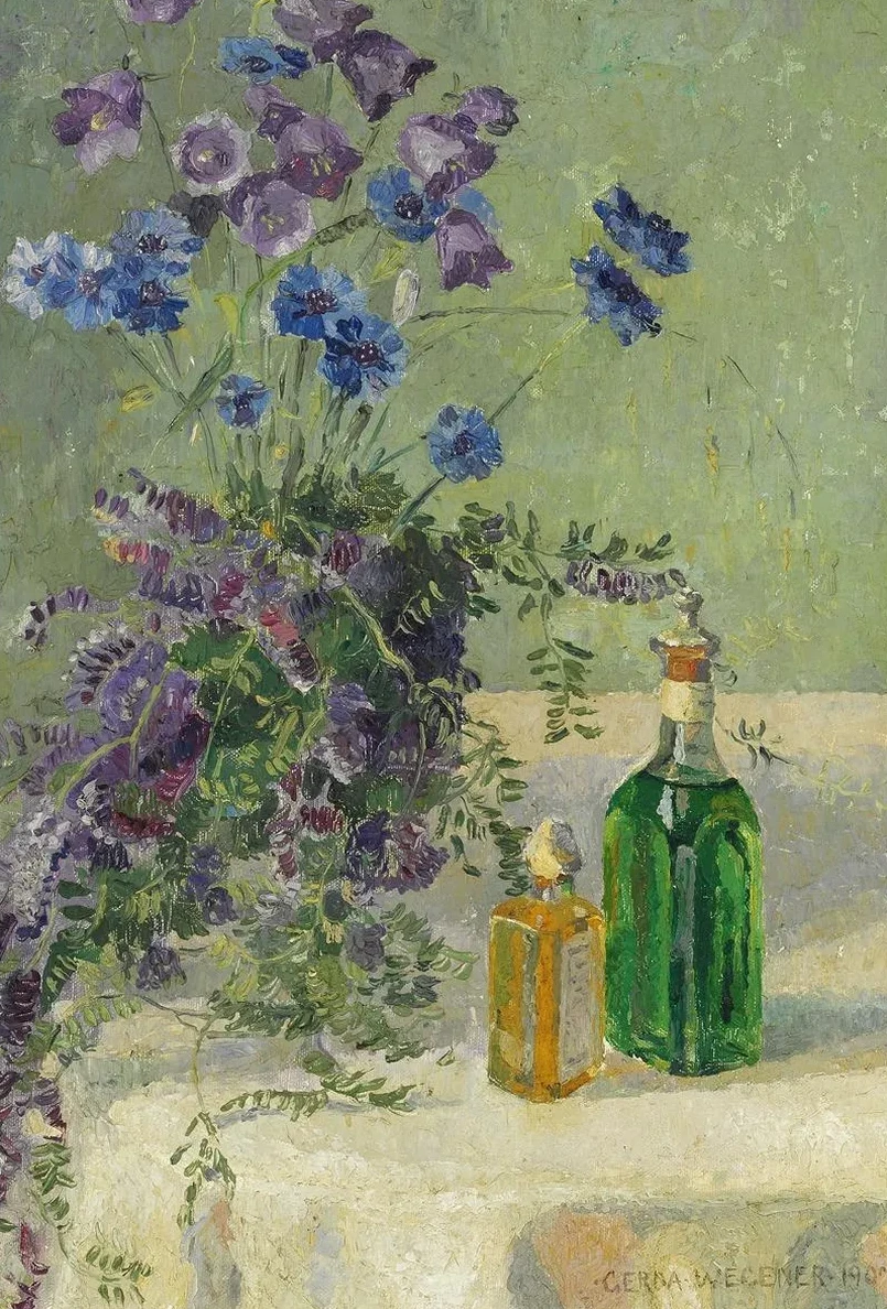 Still Life with Blue Flowers and Two Bottles on a Table