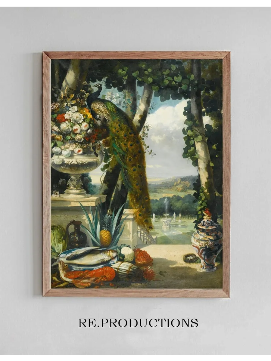 Still Life with Peacock, Flowers, Fruit and Japanese Vase, an Extensive Park Landscapebeyond