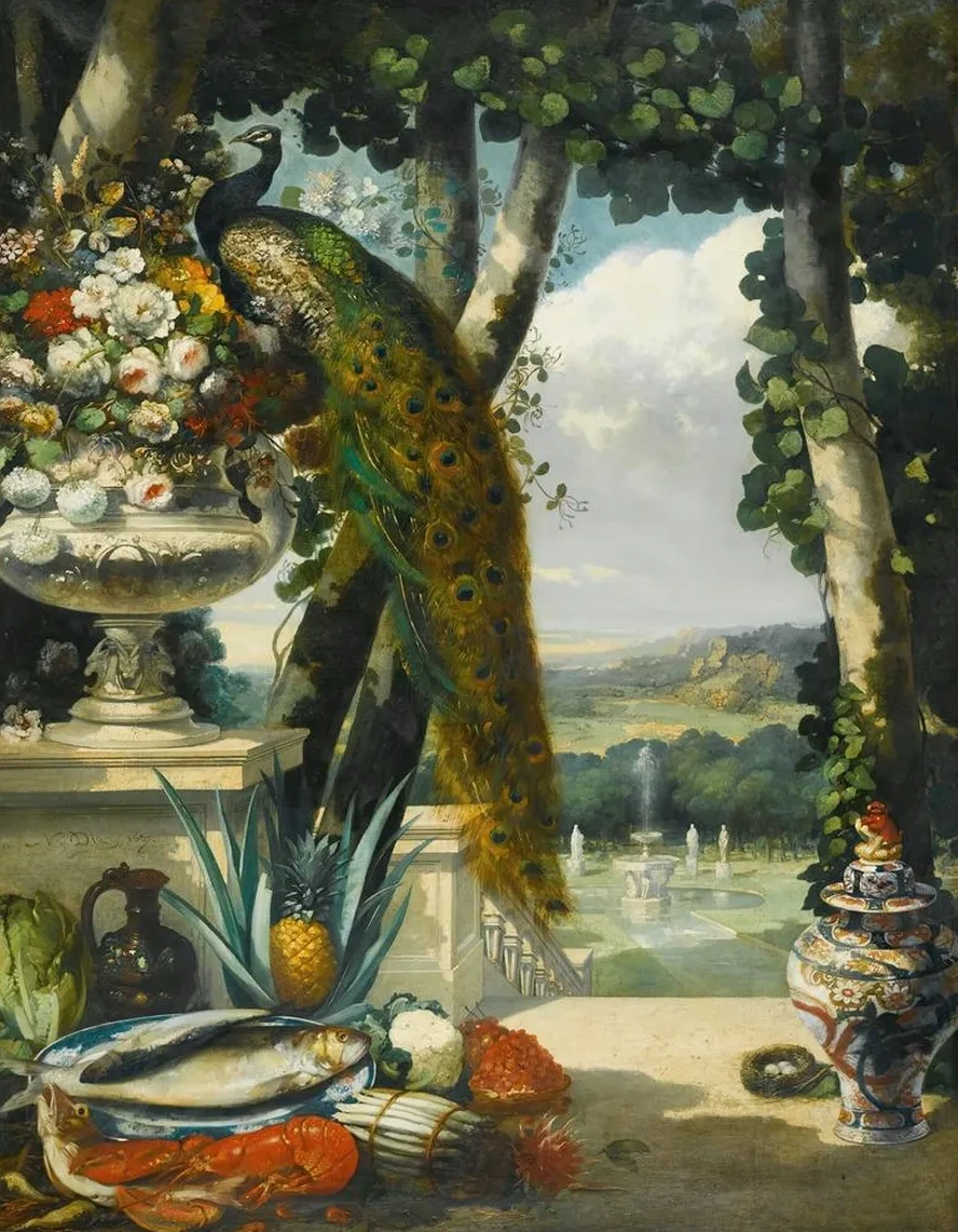 Still Life with Peacock, Flowers, Fruit and Japanese Vase, an Extensive Park Landscapebeyond