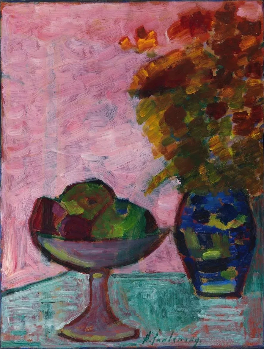 Stillleben Mit Fruchtschale Und Blumenvase