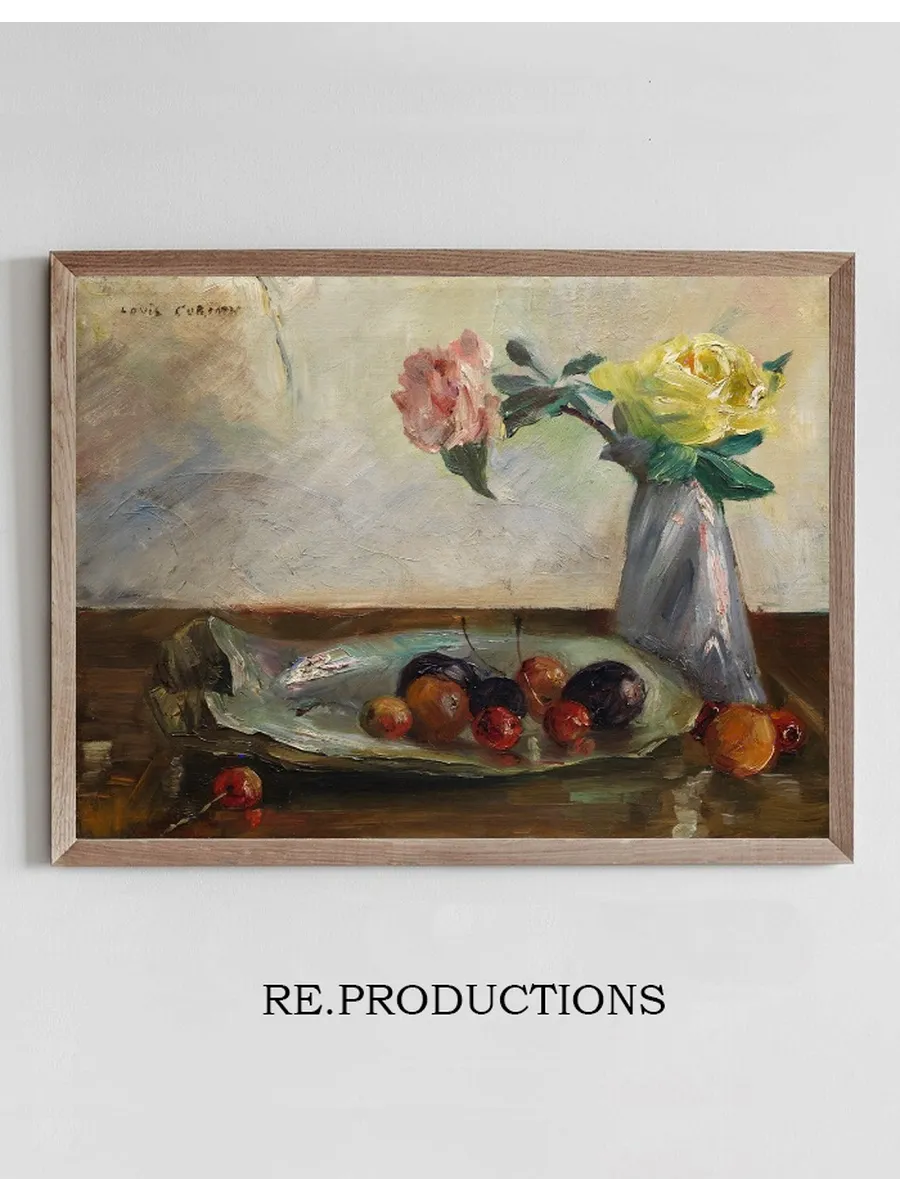 Stillleben mit Blumen in Vase, Muschel und Obst