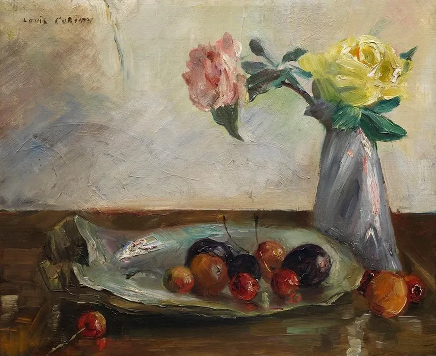Stillleben mit Blumen in Vase, Muschel und Obst