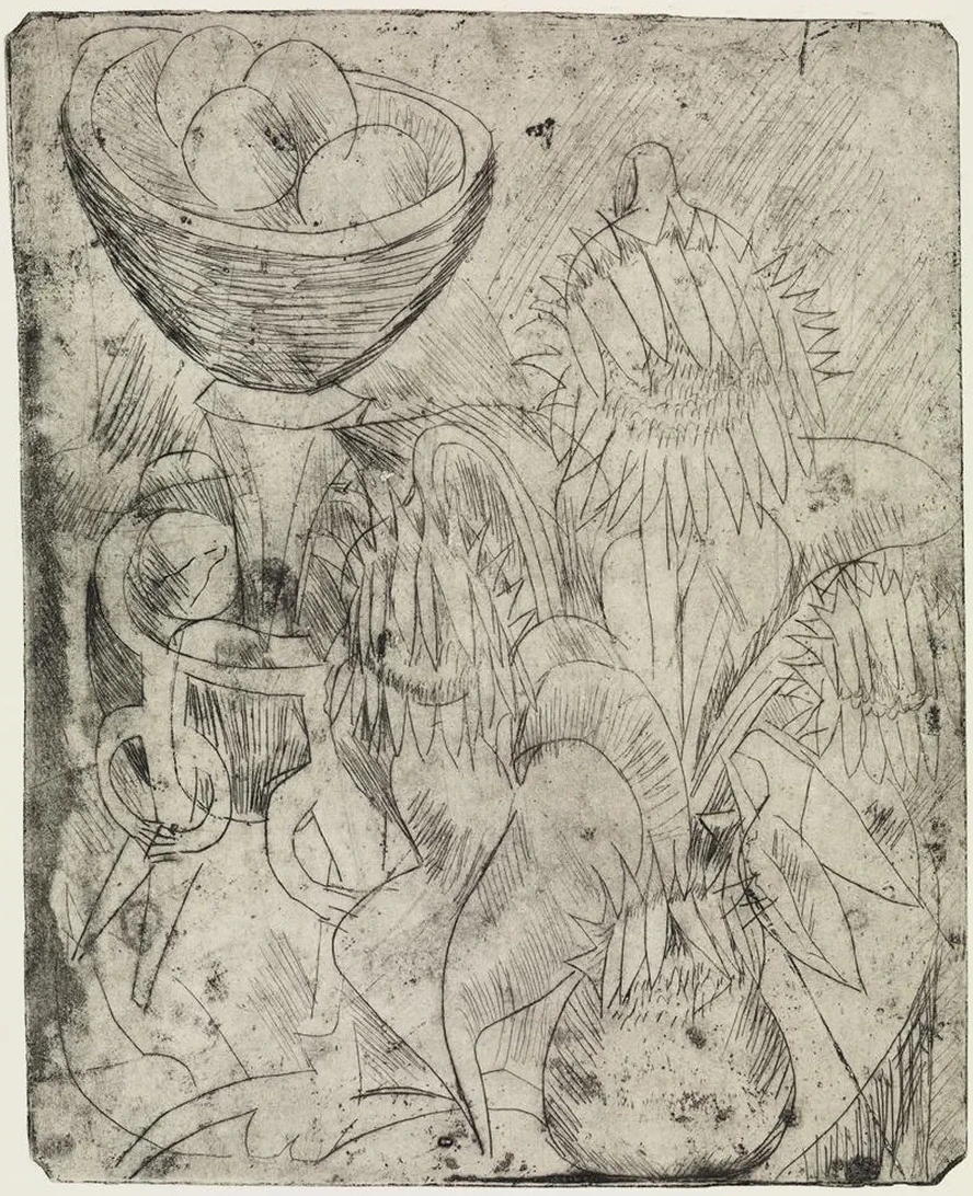 Stillleben Mit Sonnenblumen Und Obstschale