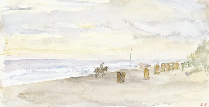Strandgezicht Met Ruiter En Badstoelen