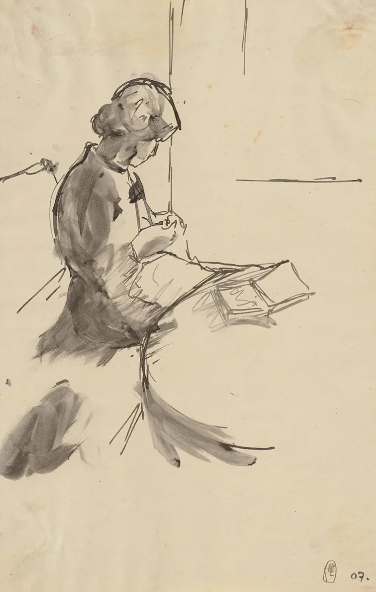 Strickende Frau, Auf Dem Tisch Ein Buch Liegend