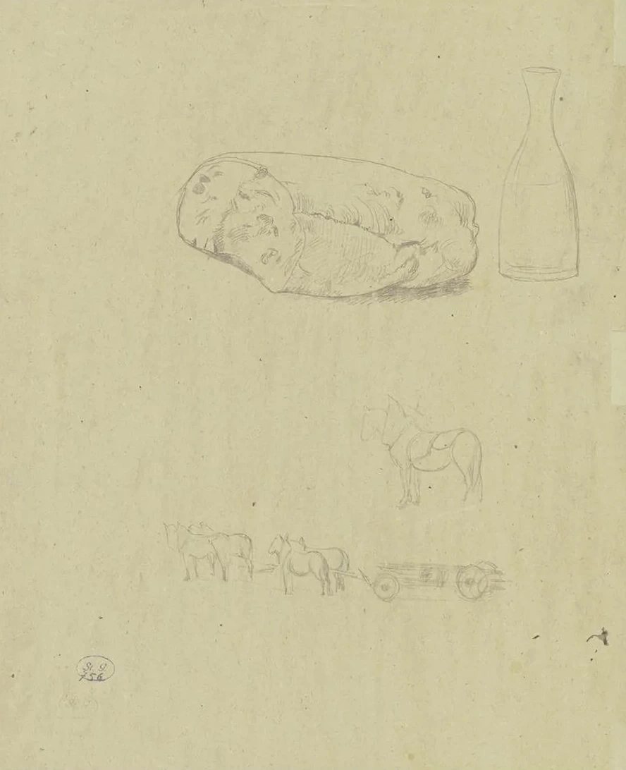 Studienblatt Brot, Flasche Und Eine Bespannte Pferdekutsche