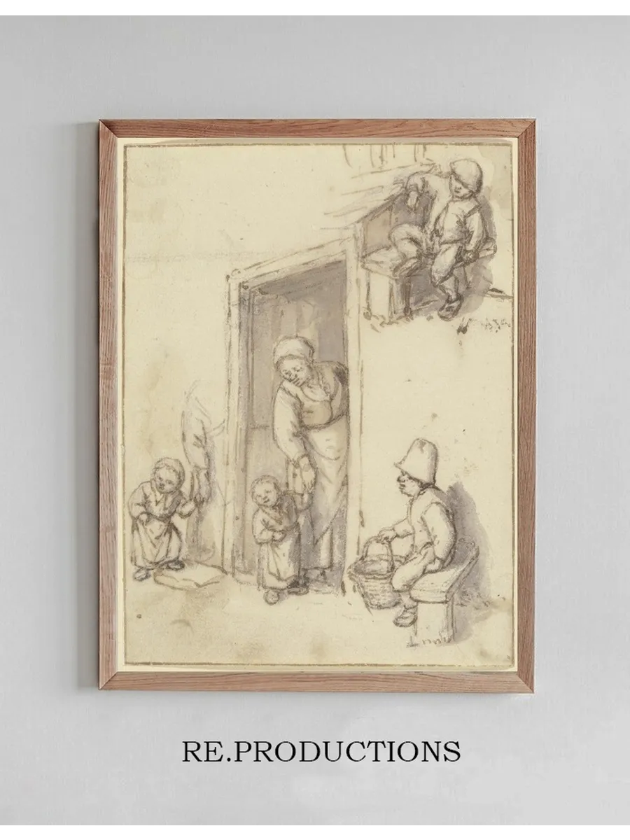 Studienblatt Eine Mutter Und Ihre Tochter in Der Haust R, Ein M Dchen an Der Hand Der Mutter, Und Zwei Sitzend