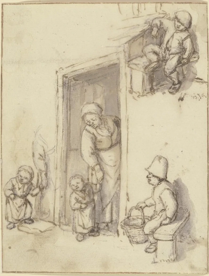 Studienblatt Eine Mutter Und Ihre Tochter in Der Haust R, Ein M Dchen an Der Hand Der Mutter, Und Zwei Sitzend