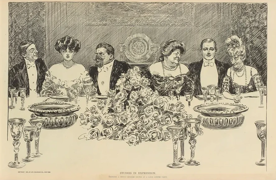 Studies in Expression. Showing a Newly Engaged Couple at a Large Dinner Party