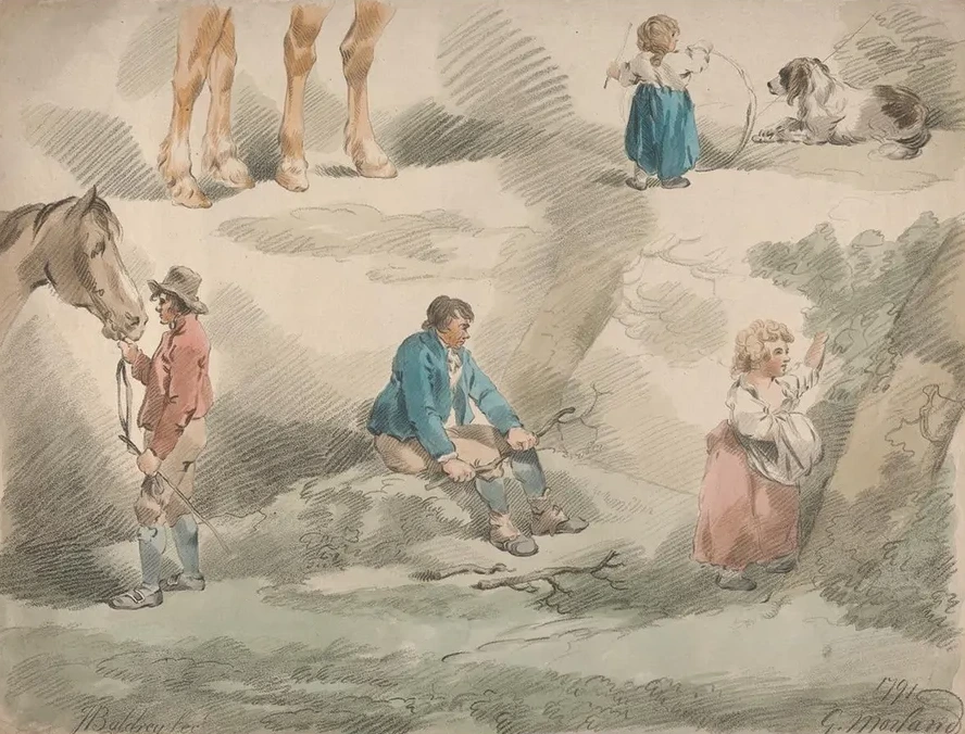 Studies of Girls, one Playing with Hoop, one Picking Berries, Man and Horse, etc