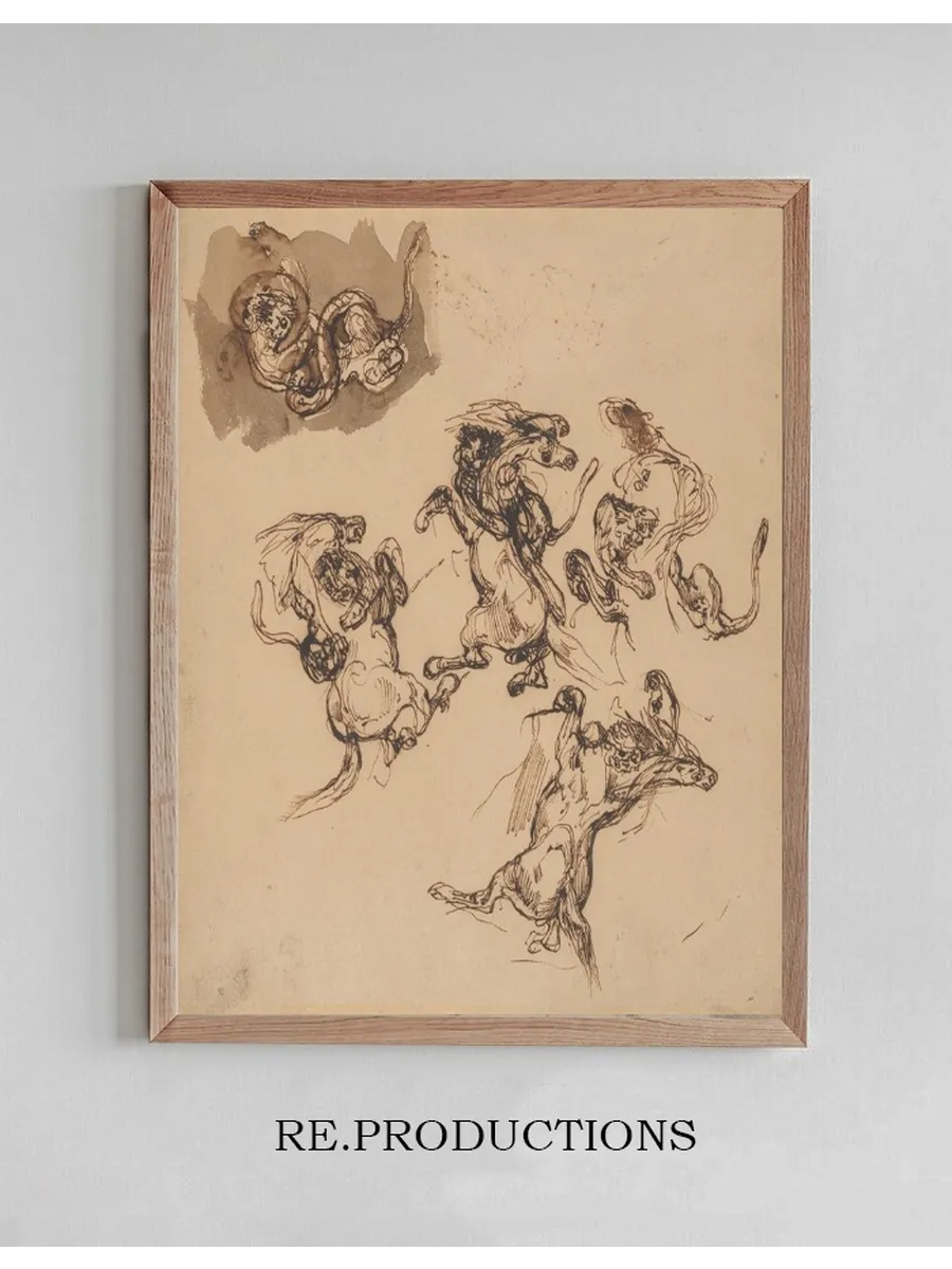 Studies of a Rearing Horse Attacked by a Lion and a Lion Wrestling with a Serpent