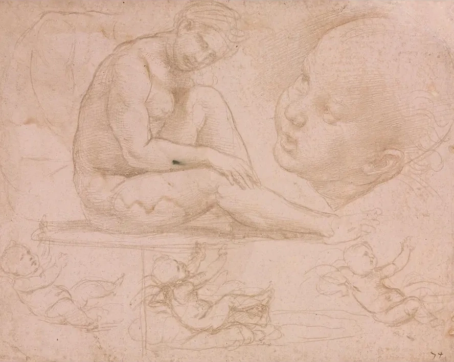 Studies of a Seated Female, Child's Head, and Three Studies of a Baby