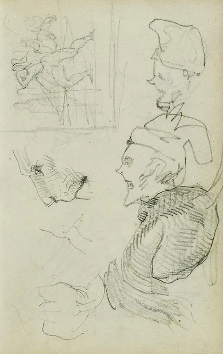 Studies of Lion, Compositional Group Figure Study, Two Caricature Head Studies