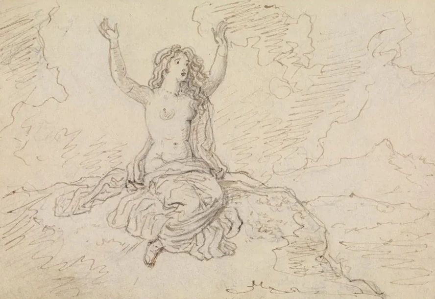 Study of a Semi - Nude Woman, Sitting, with Her Arms Raised Over Her Head