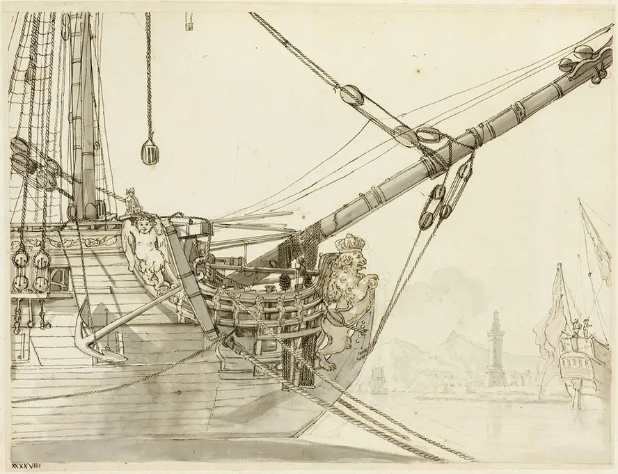 Study of a Warship's Prow with British Warships and Naples Harbor Beyond