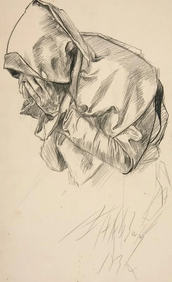 Study of a Robed Figure, Crying, for the Quest of the Holy Grail Mural Series at Boston Publiclibrary