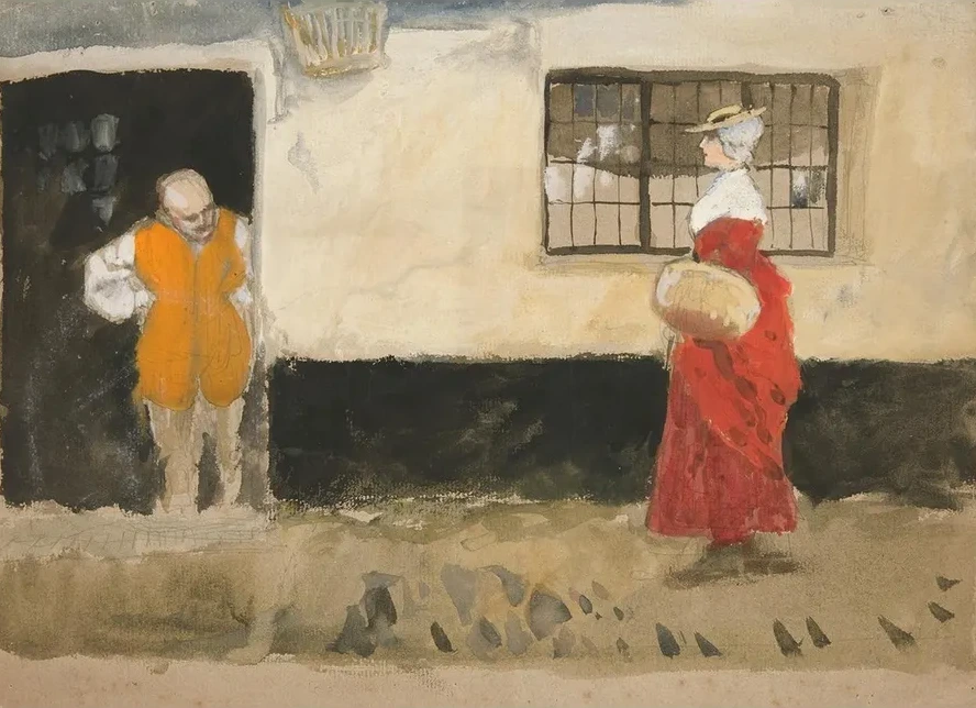 Study of Street Scene, Man at Door, Woman in Reddress