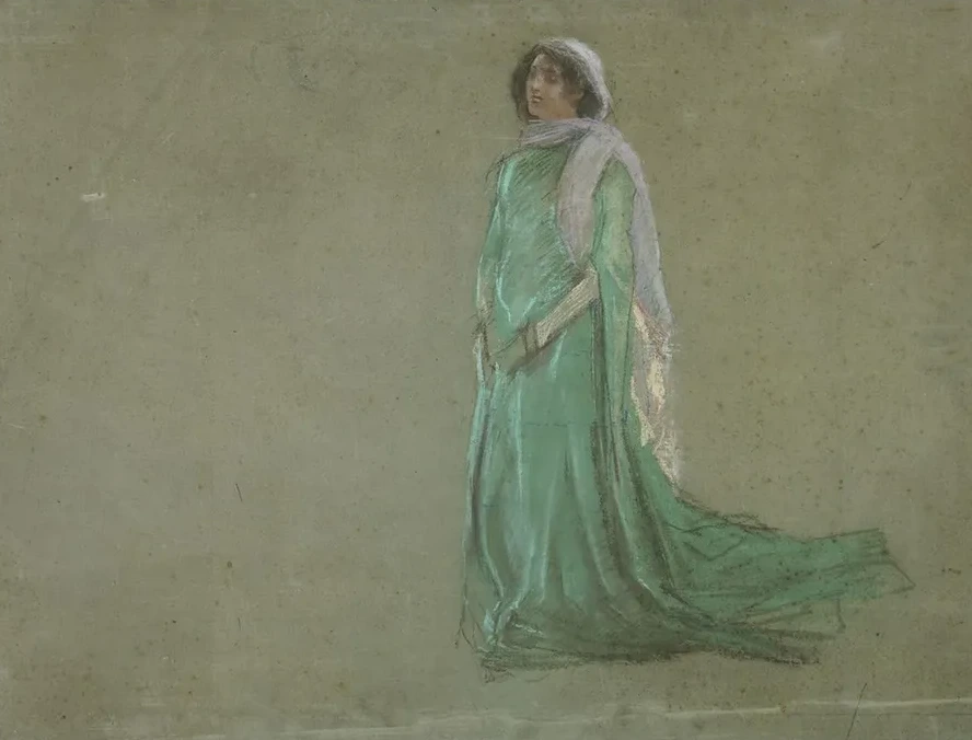 Study, Woman in Long Green Dress, Pinkscarf
