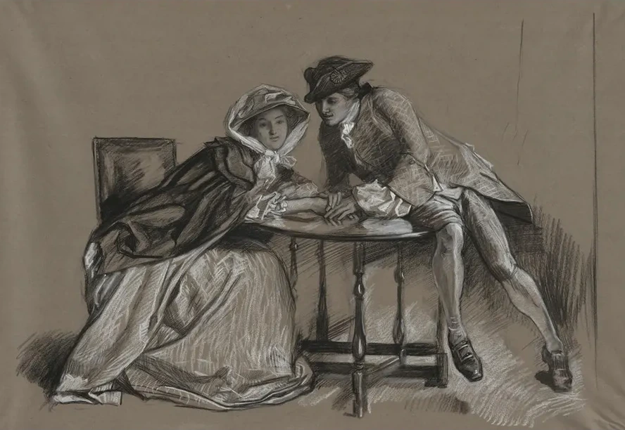 Study. Lady and Gentleman in Conversation Across Atable