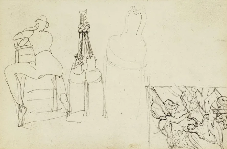 Tassels, Seated Figure from Behind Chair, Thumbnail Study of Charging Chasseur