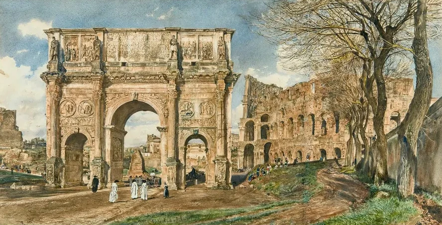 The Arch Of Constantine And The Colosseum, Rome
