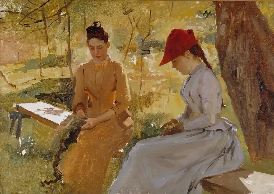 The Artist's Sisters Annie and Berta Binding Garlands