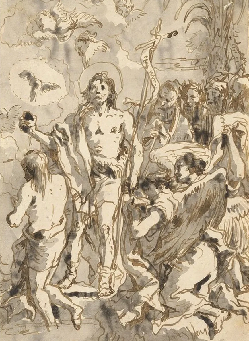 The Baptism of Christ (with Christ Half - Kneeling at Left, His Back Turned, and the Baptist Full - Faced at Cente