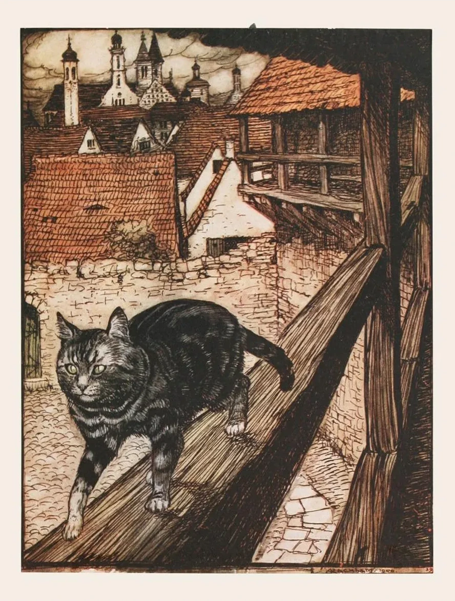 The Cat Stole Away Behind the City Walls to the Church