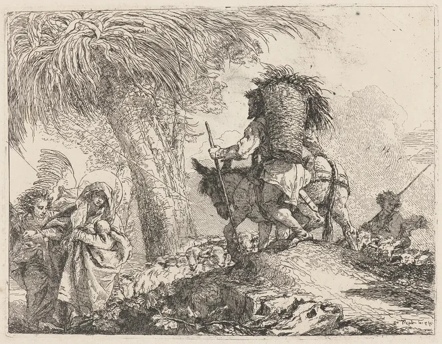 The Flight, Joseph at Right and Mary and Angel at Left