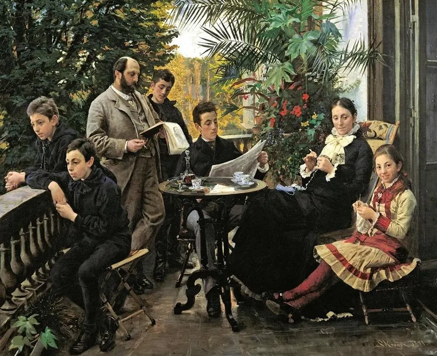 The Hirschsprung family portrait. From the left Ivar, Aage, Heinrich, Oscar, Robert, Pauline and Ellen HIrschs