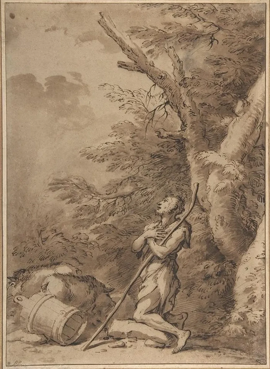 The Prodigal Son Kneeling Repentant among Swine