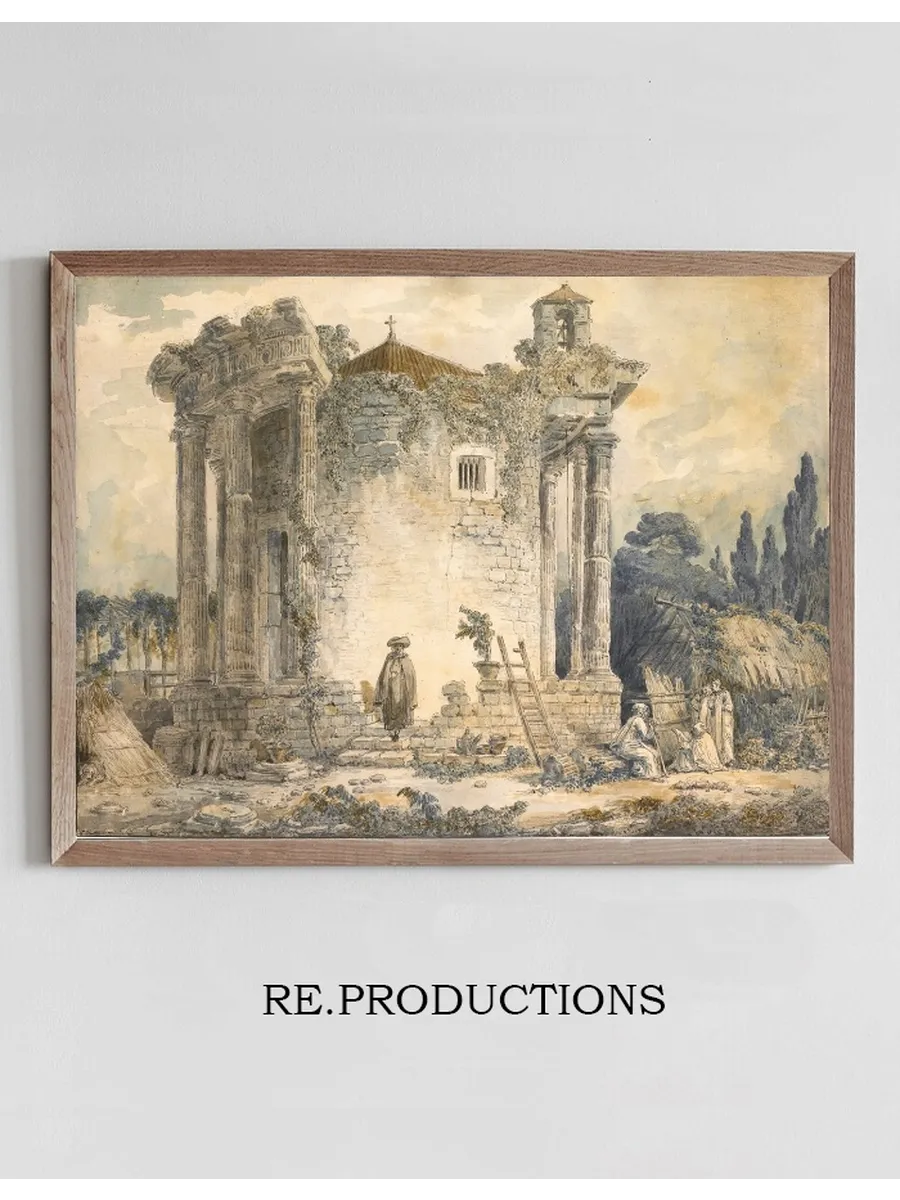 The Temple Of The Sibyl At Tivoli, A Man In A Cloak And Hat Standing On The Steps, A Group Of Monks To The Rig