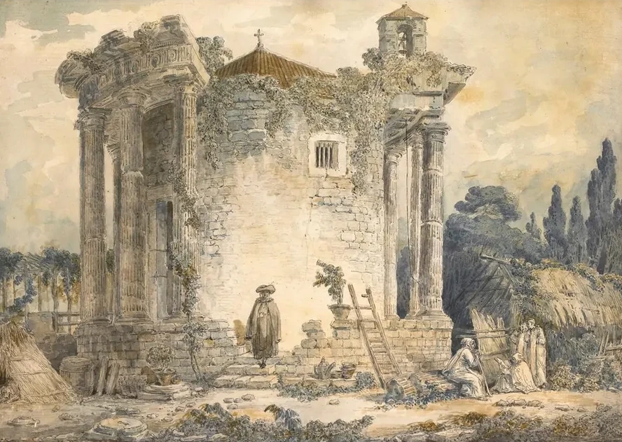The Temple Of The Sibyl At Tivoli, A Man In A Cloak And Hat Standing On The Steps, A Group Of Monks To The Rig