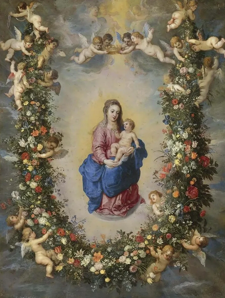 The Virgin And Child Encircled By A Garland Of Flowers Held Aloft Bycherubs