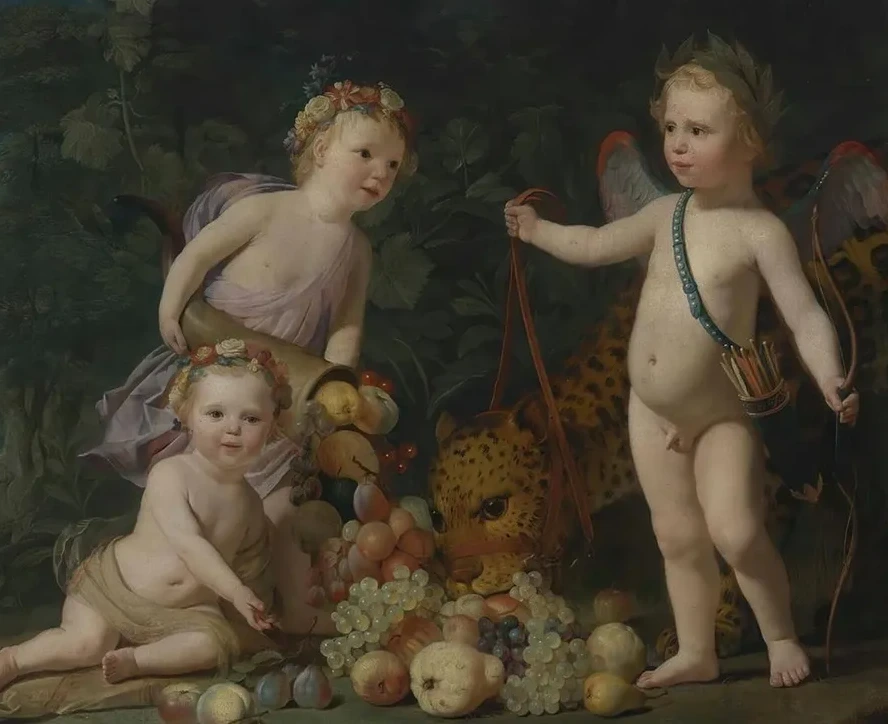 Three Children With Fruit And a Jaguar
