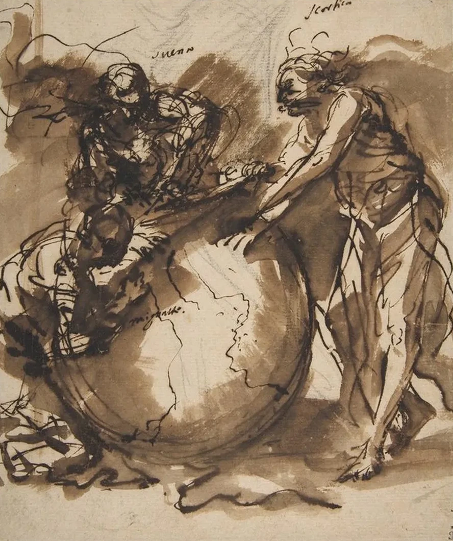 Three Figures Around a Globe