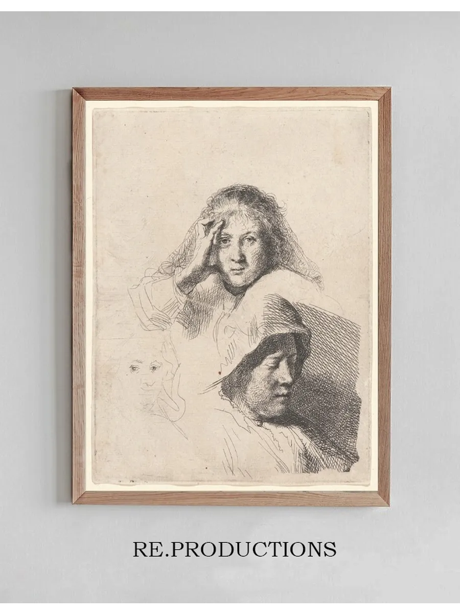 Three Heads of Women, One Lightly Etched