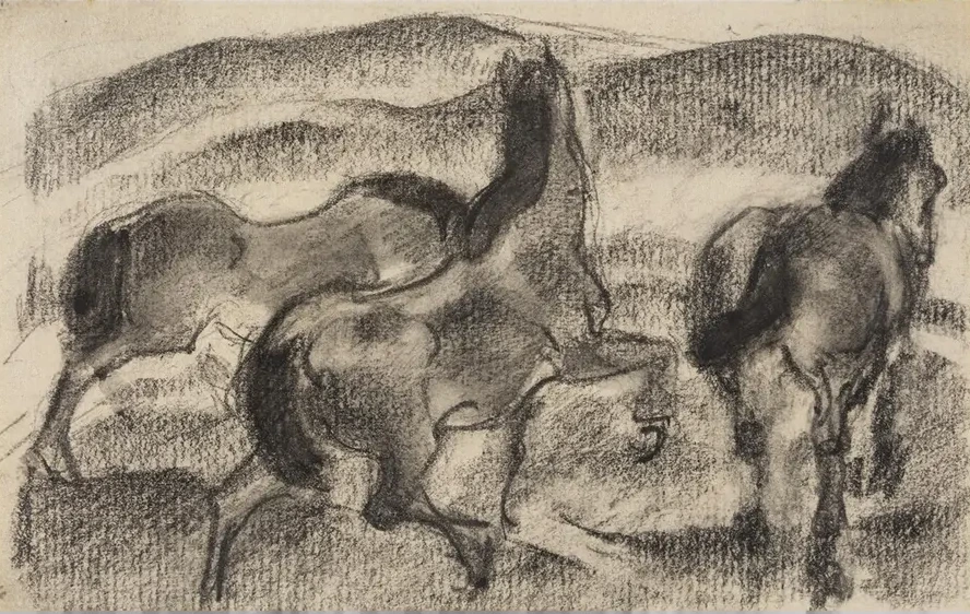 Three Horses in a Hilly Landscape