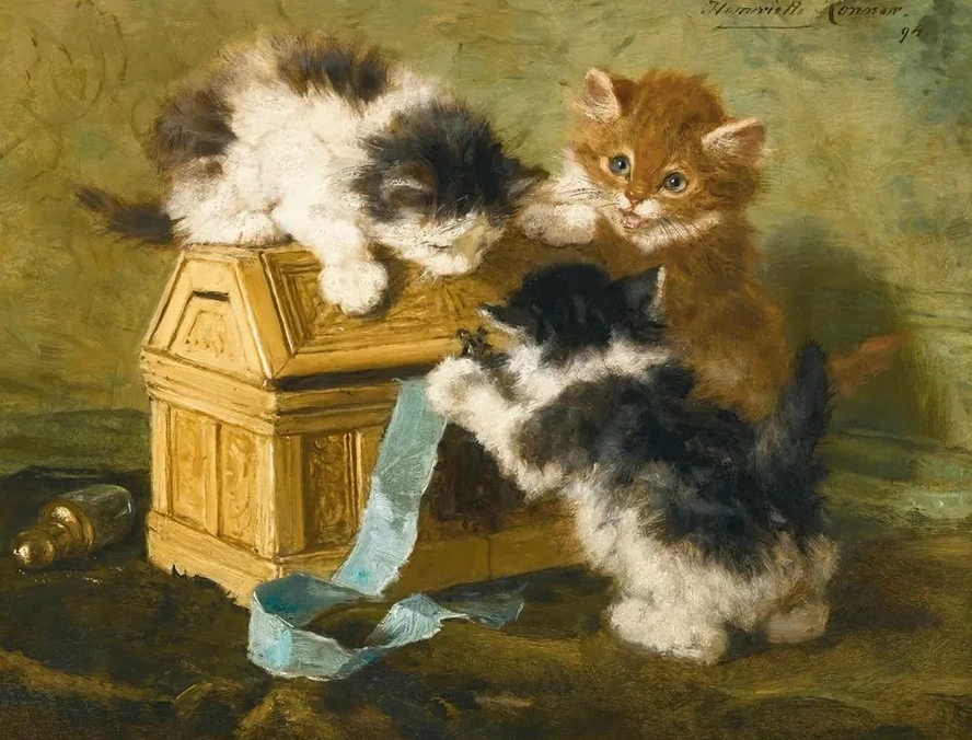 Three Kittens With A Casket And Blue Ribbon