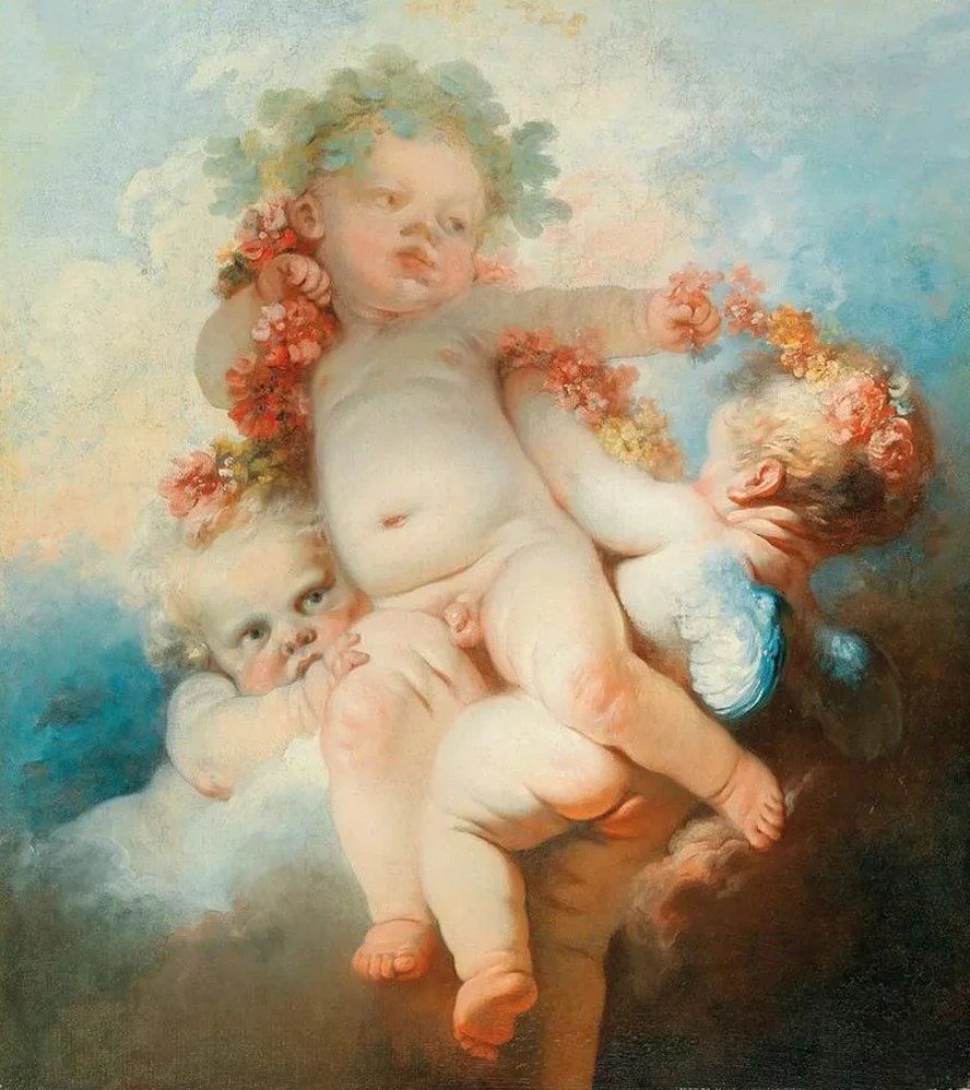 Three Putti Crowned with Flowers