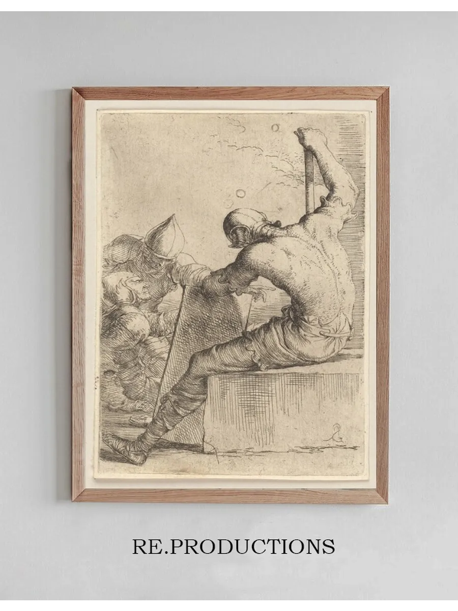 Three Soldiers, One Seated and Supporting Himself with a Cane and Shield