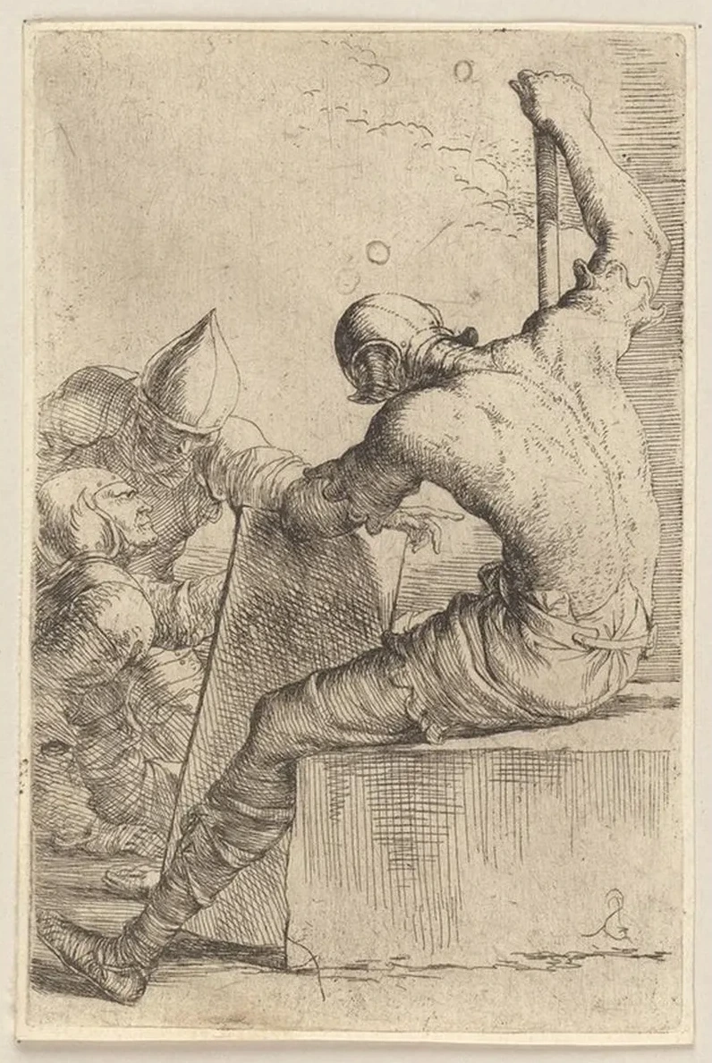 Three Soldiers, One Seated and Supporting Himself with a Cane and Shield