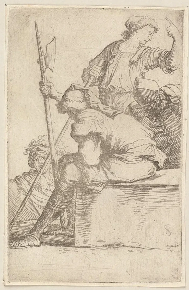 Three Soldiers, One Seated on a Square Block of Stone 2