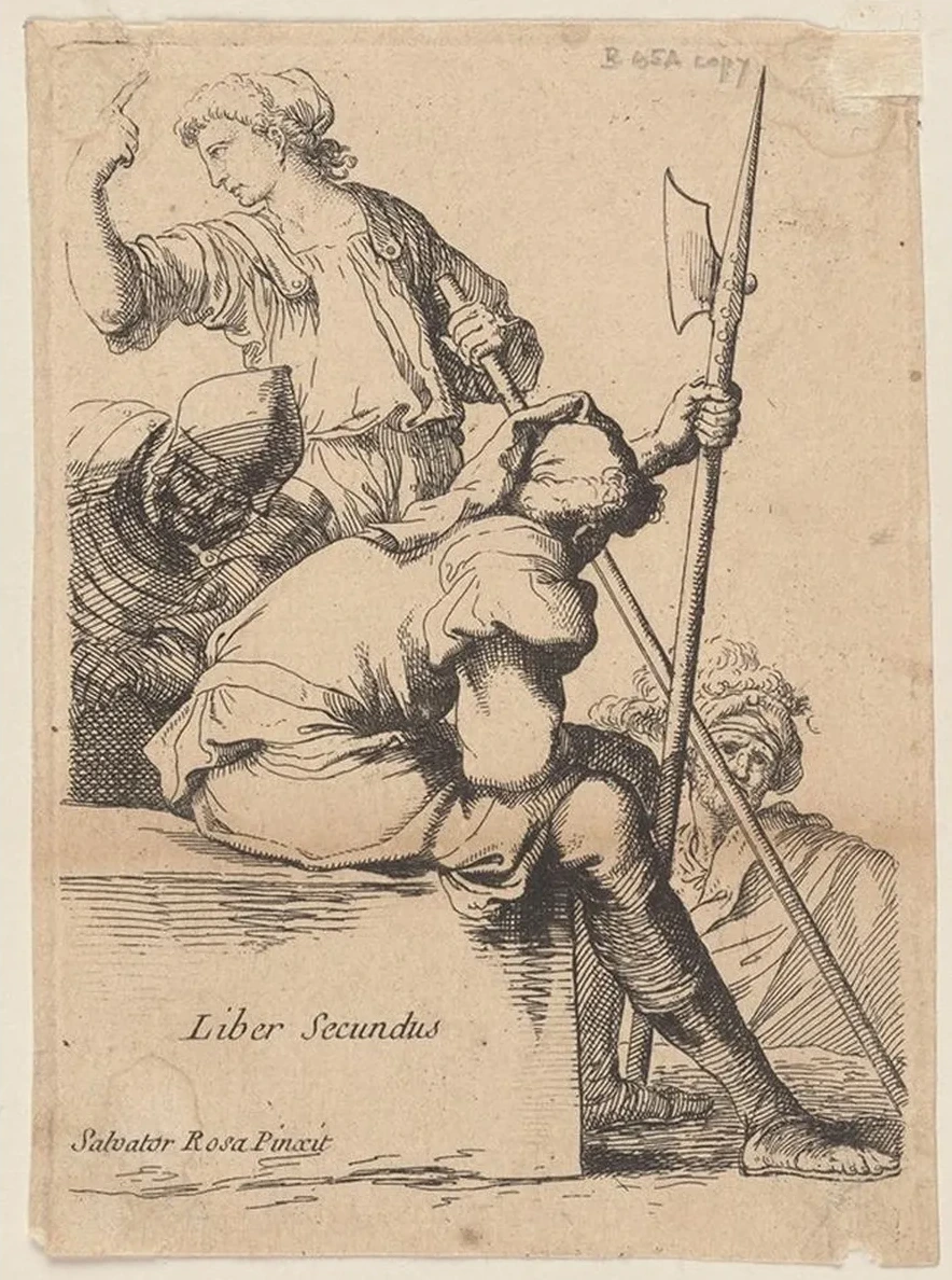 Three Soldiers, One Seated on a Square Block of Stone