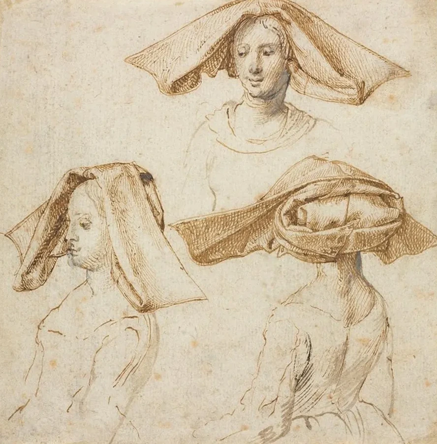 Three Studies of a Woman Wearing an Elaborate Headdress